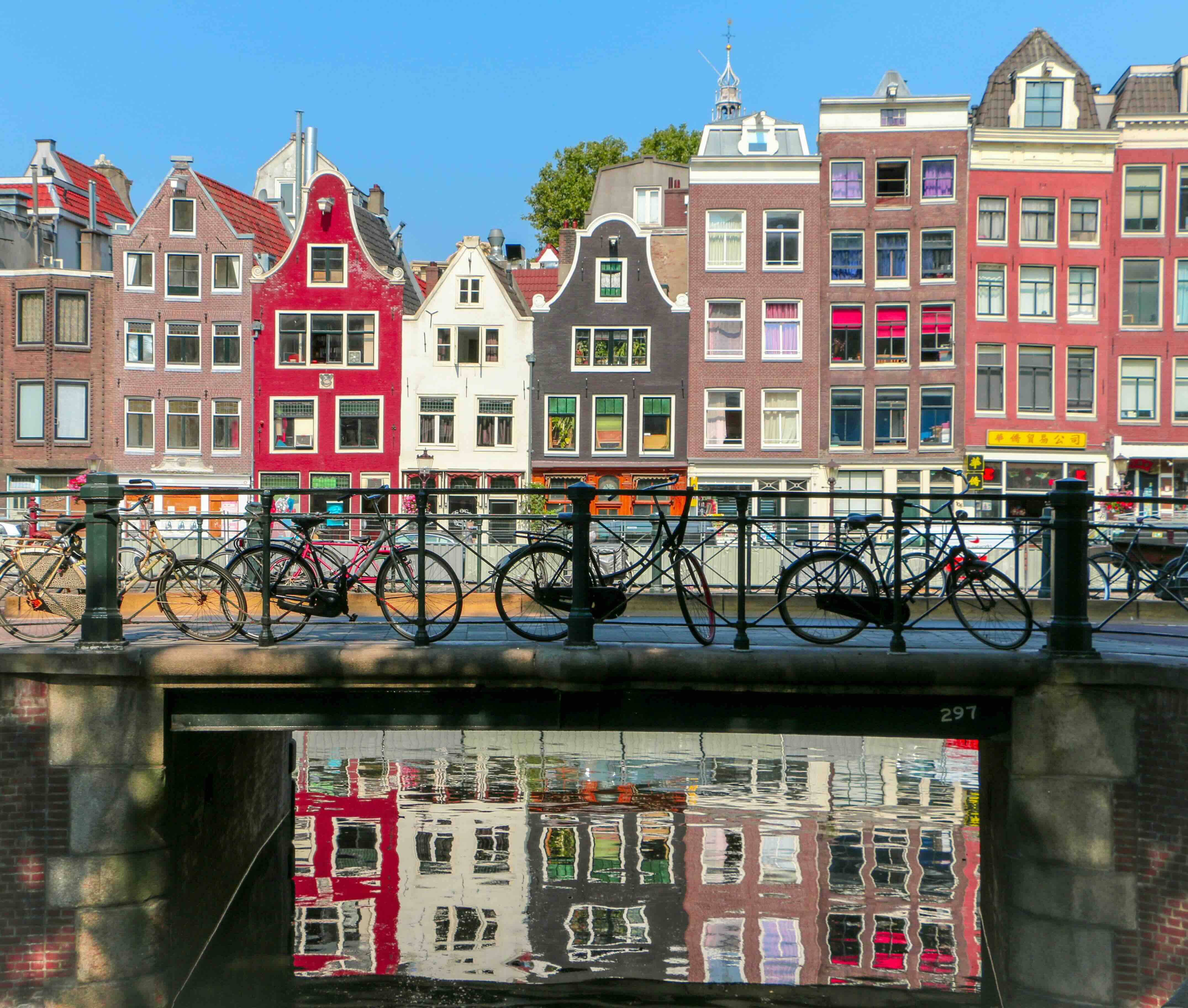 Gabled canal houses and bicycles on a bridge over an Amsterdam canal