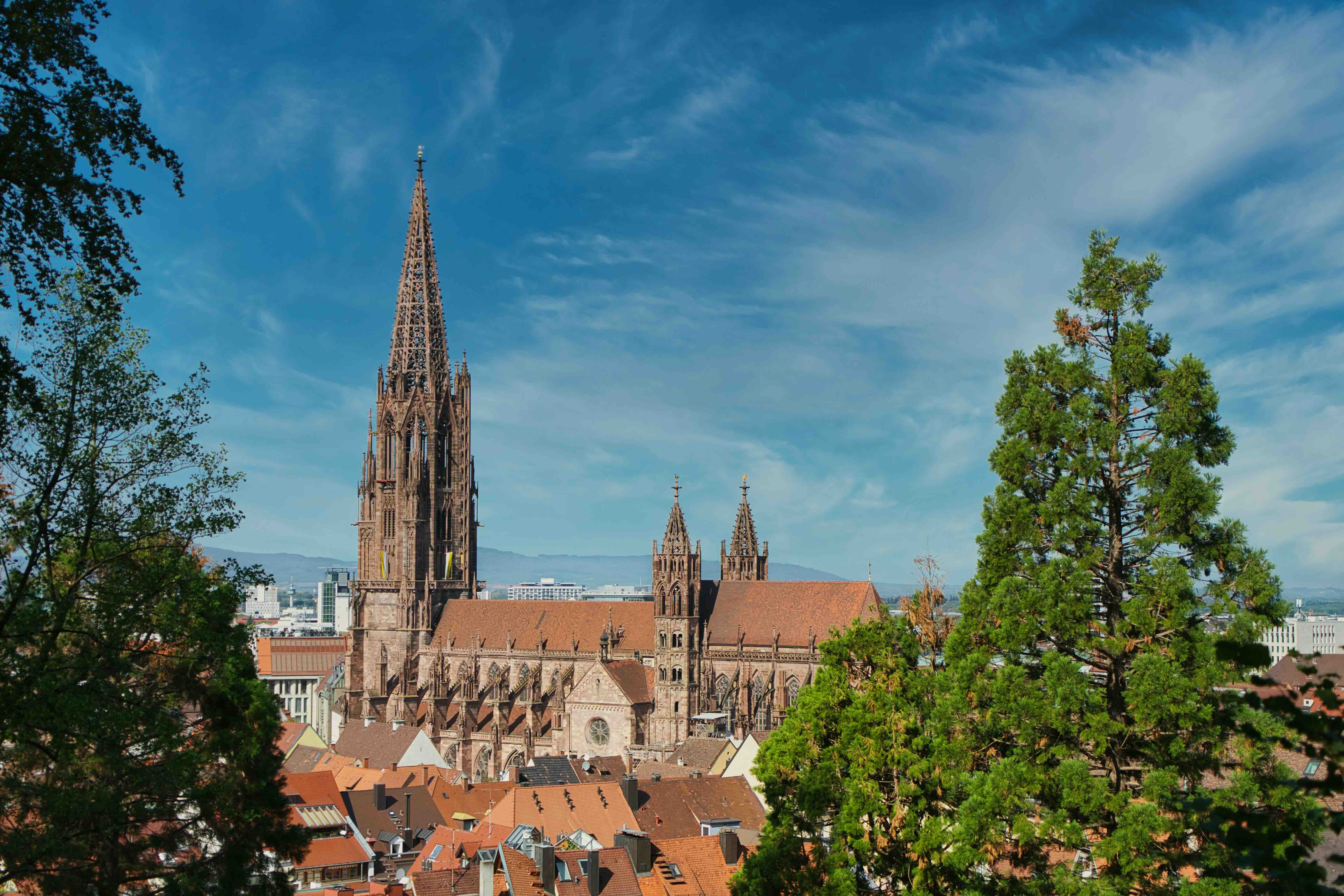Freiburg Minster with its openwork Gothic spire rising above the red-tiled roofs of the old town of Freiburg im Breisgau, framed by trees under a blue sky