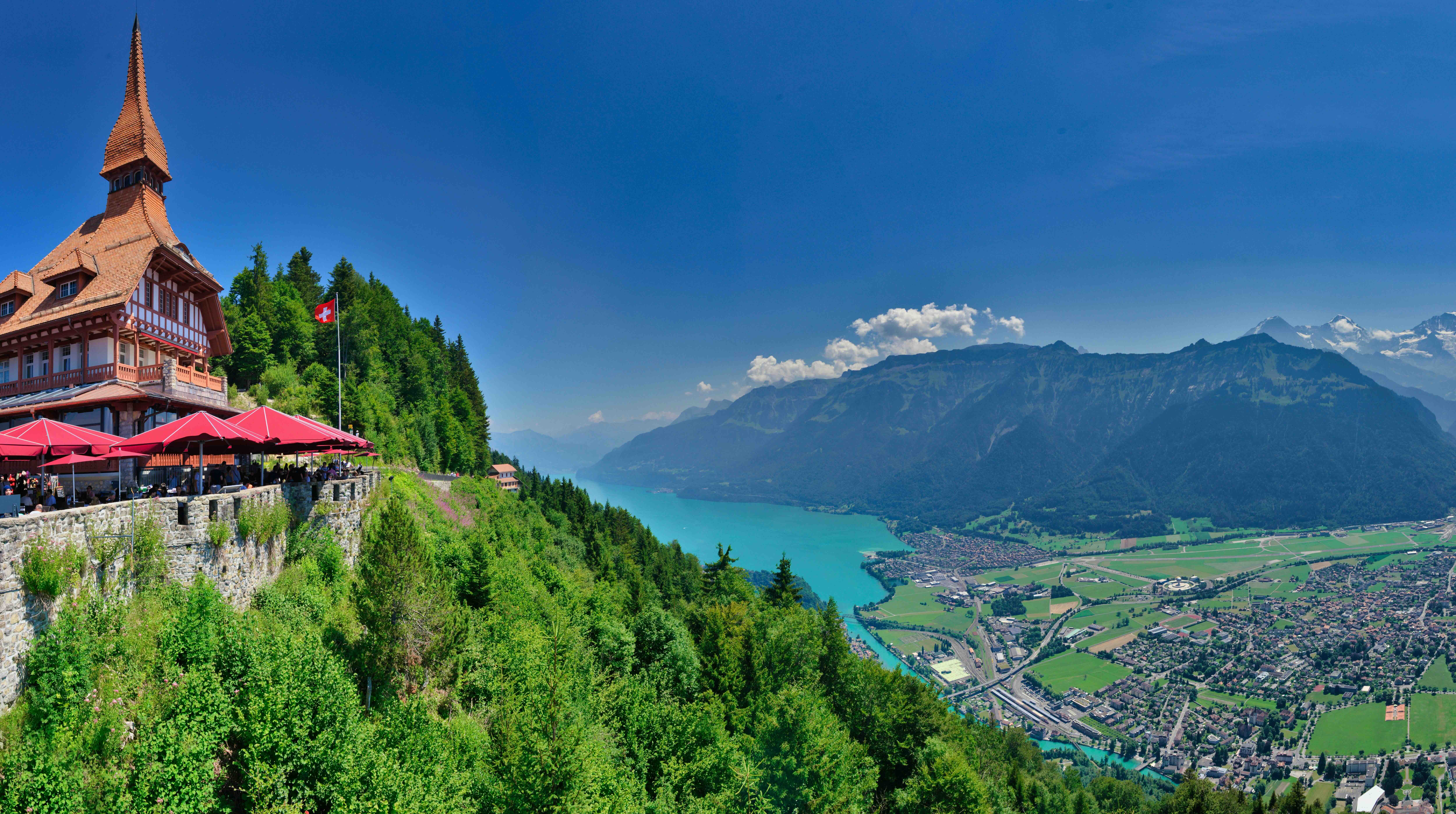 The Harder Kulm viewpoint above Interlaken, with Lake Brienz and the Bernese Alps beyond