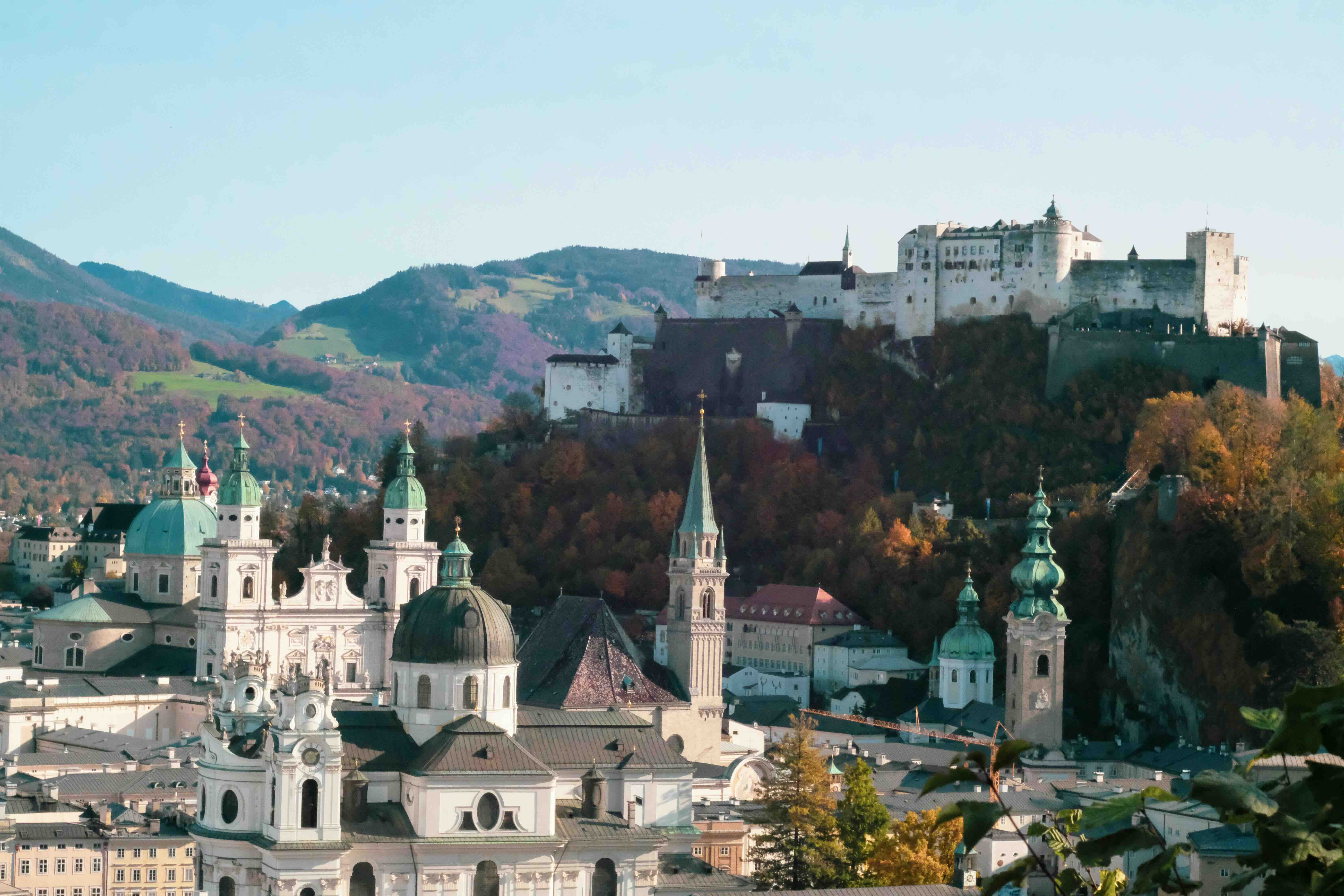 The domes and spires of Salzburg's baroque old town beneath the Hohensalzburg fortress