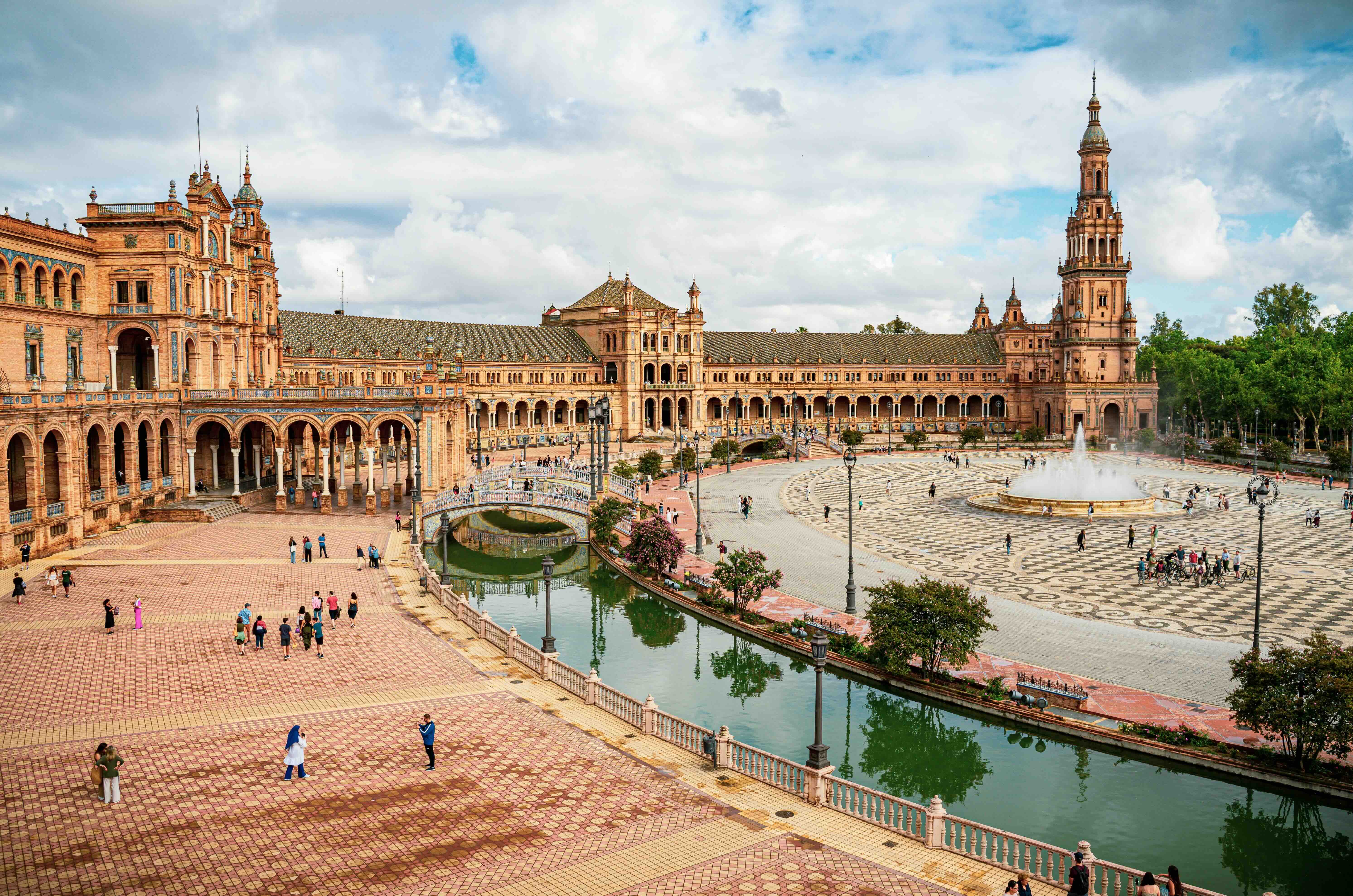 Plaza de España in Seville with its canal, bridges and towers, arrival city of the high-speed train from Madrid