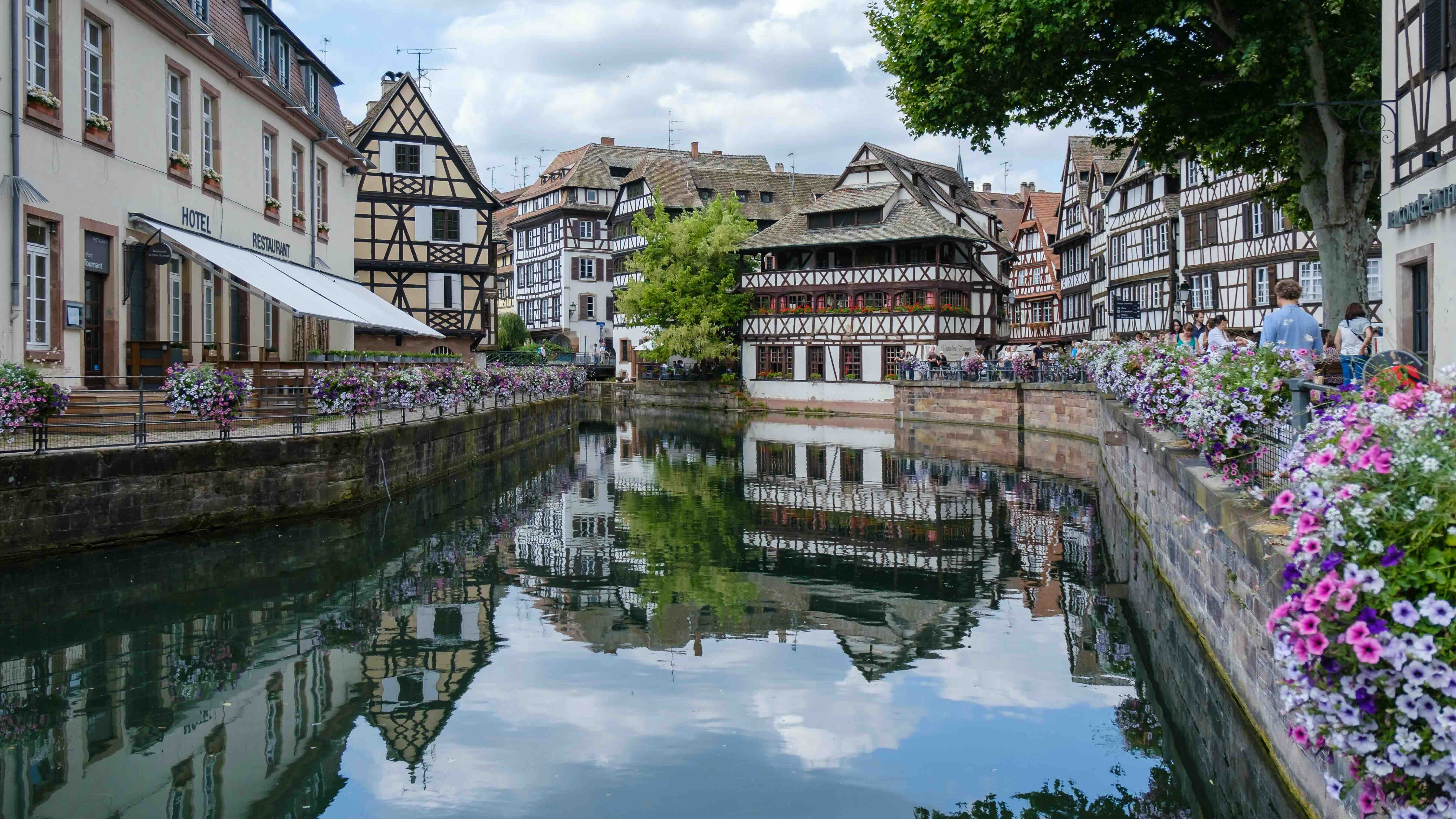 Half-timbered houses reflected in a canal in the Petite France quarter of Strasbourg
