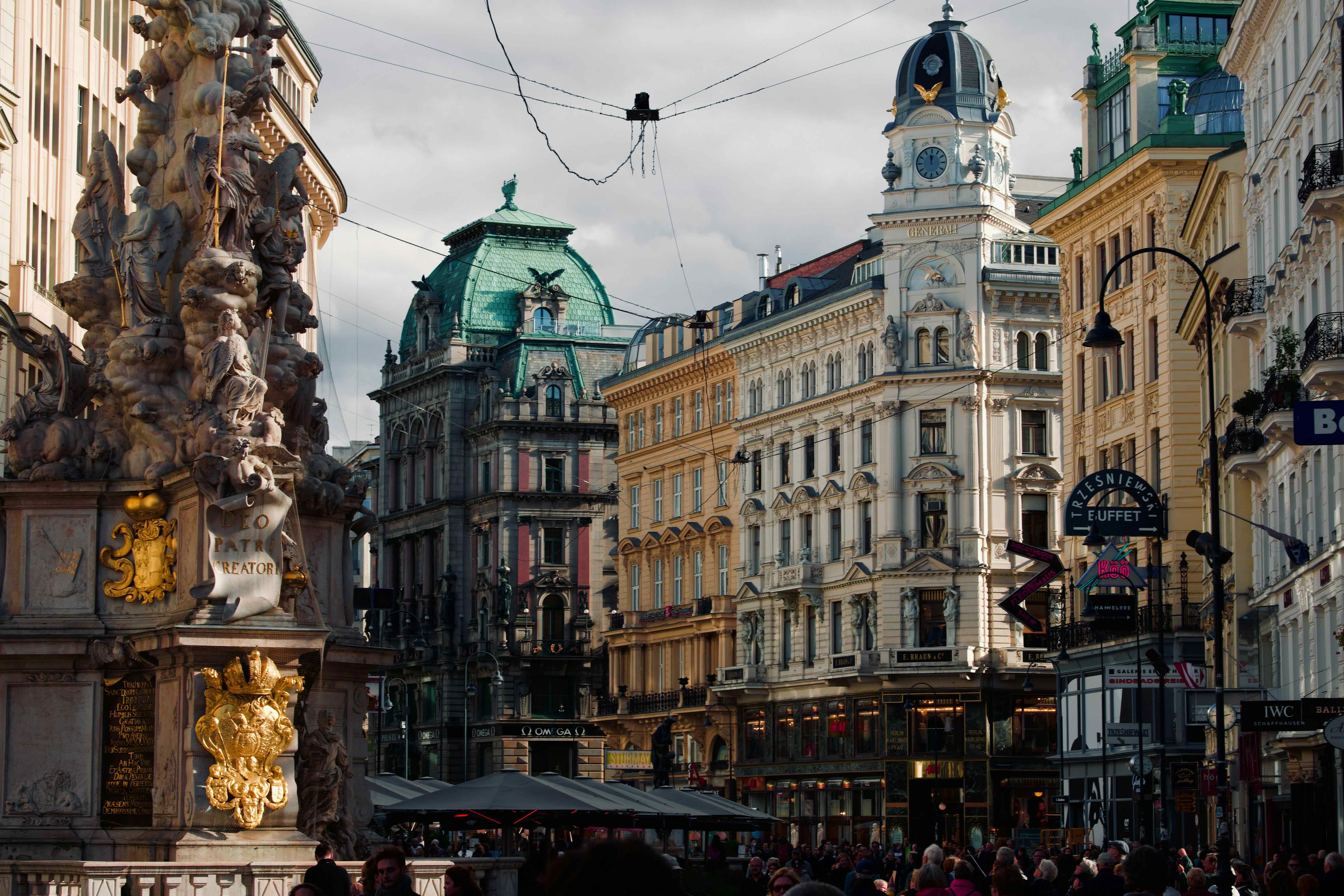 The Graben in central Vienna, with the gilded Baroque Plague Column in the foreground and ornate domed buildings lining the street